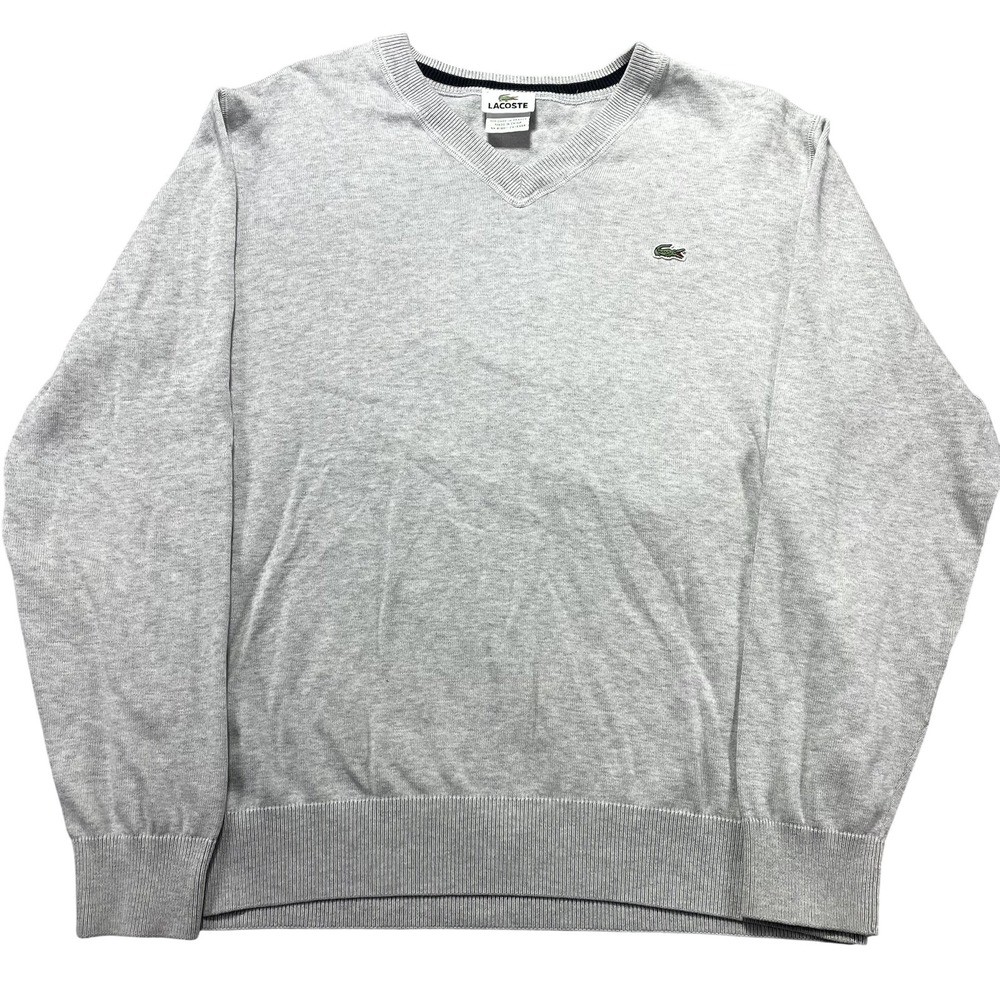 Lacoste Sweater Mens Large 5 Gray Cotton V Neck Knit Pullover Logo Lightweight
